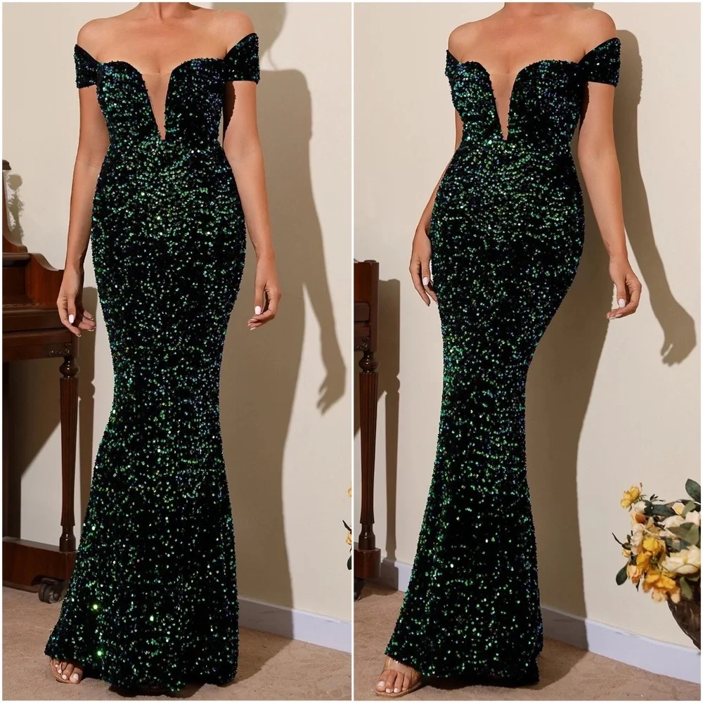 Luxurious Off Shoulder Sequin Evening Formal Wedding Dress - Picture 1 of 6